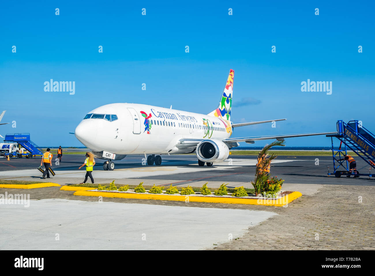 Caymen Airways arrives Juan Manuel Galvez Airport Roatan Honduras Stock