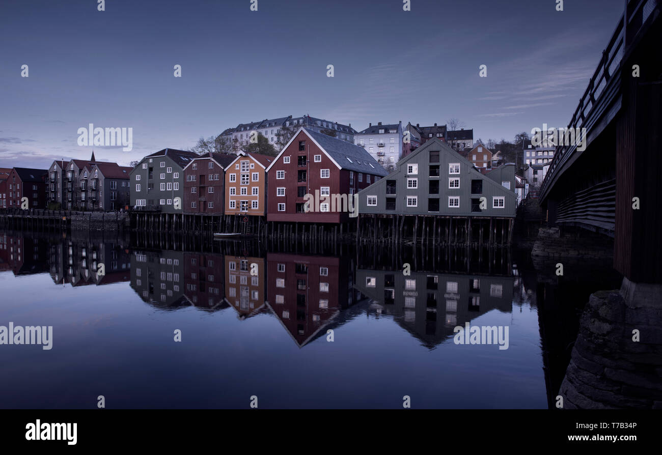 Trondheim old town at night, Norway Stock Photo