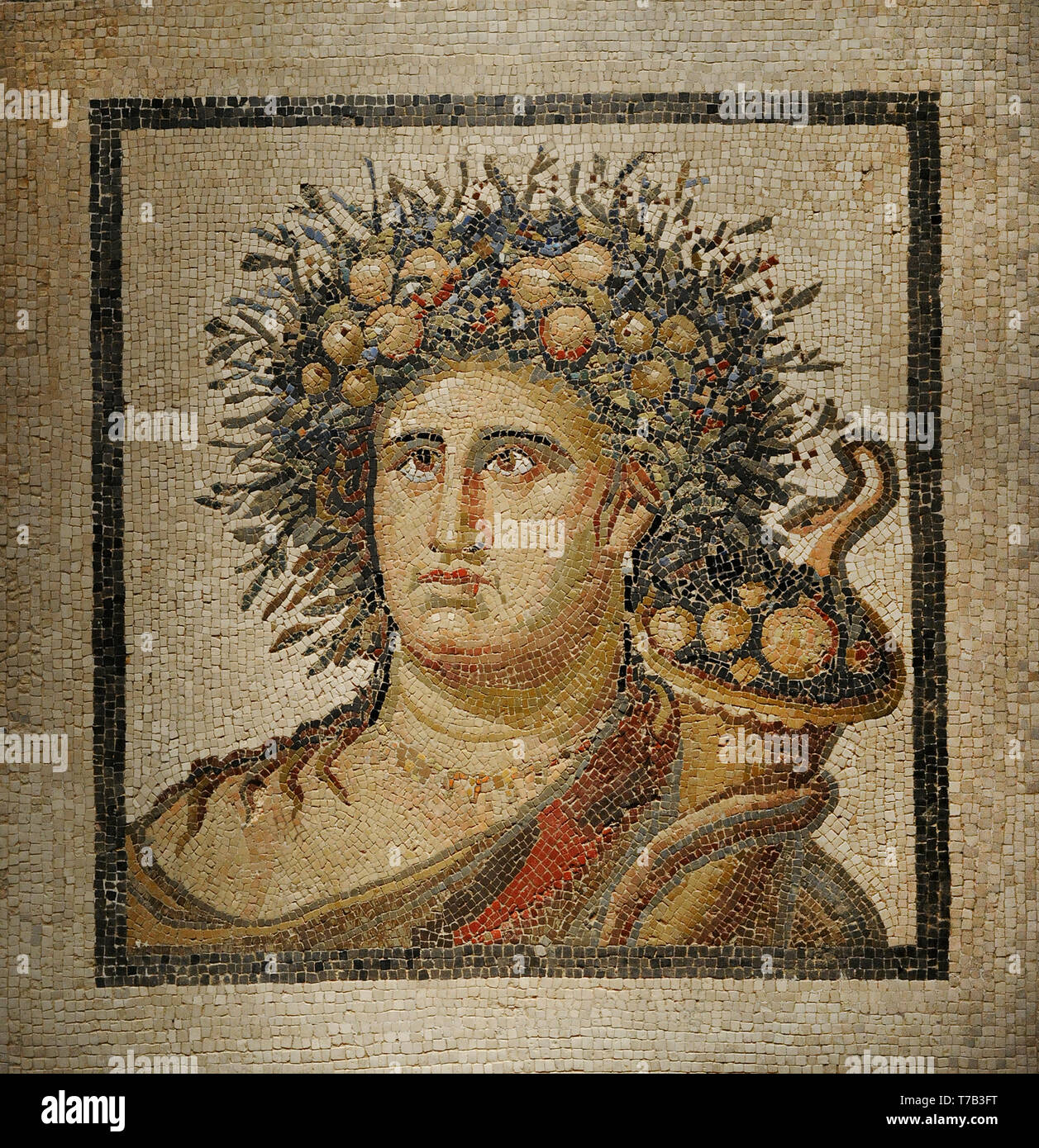 Mosaic with Genius of the Year. Late 2nd century AD.  Roman period. Limestone and marble. From Aranjuez (Community of Madrid, Spain). National Archaeological Museum. Madrid. Spain. Stock Photo