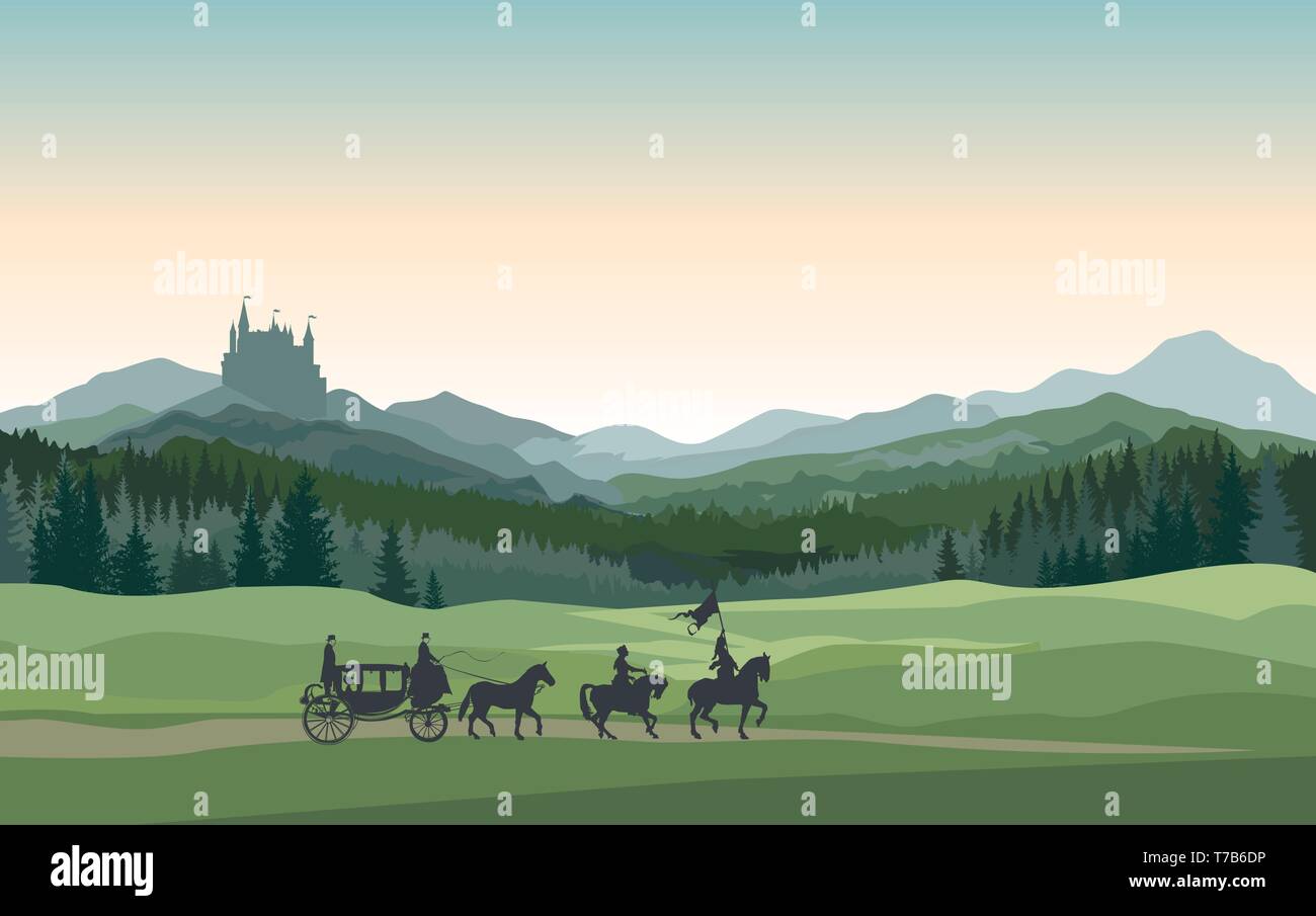 Castle, carriage, knight over Mountains Landscape. Medieval rural nature background. Hills skyline Stock Vector