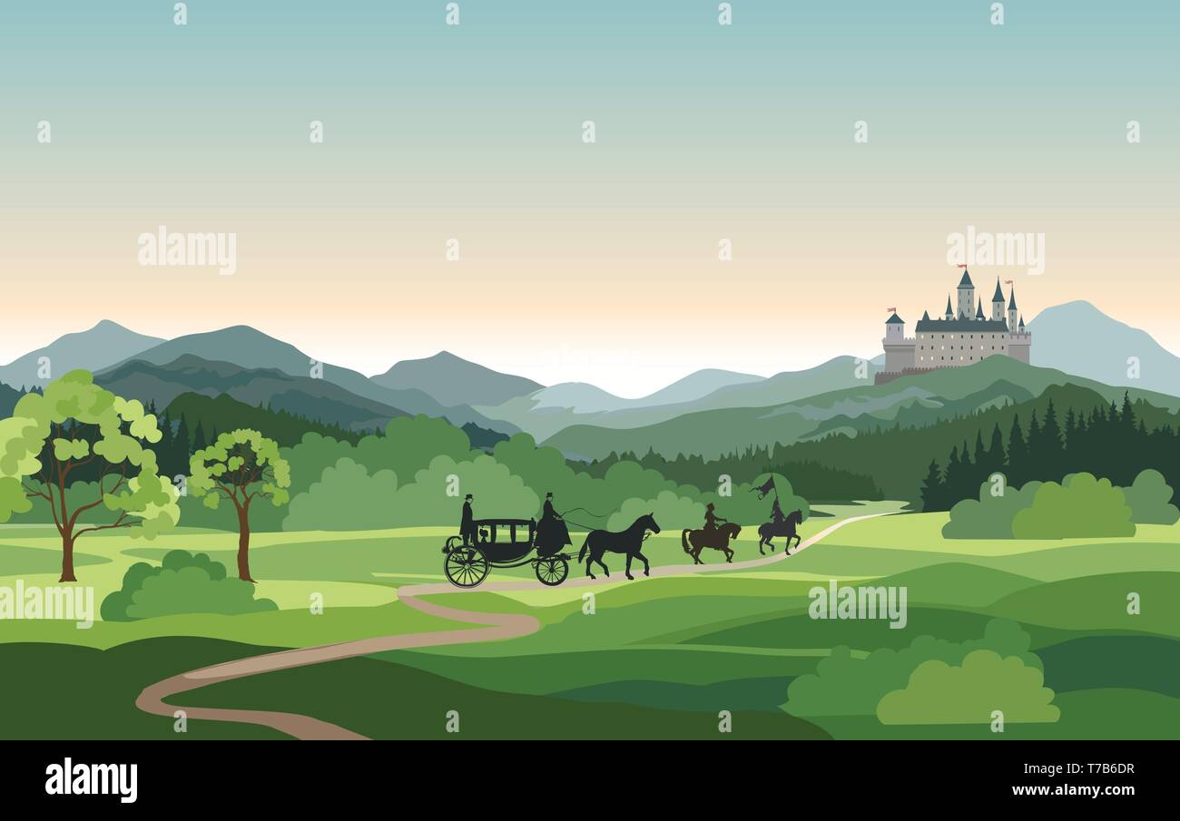 Castle, carriage, knight over Mountains Landscape. Medieval rural nature background. Hills skyline Stock Vector