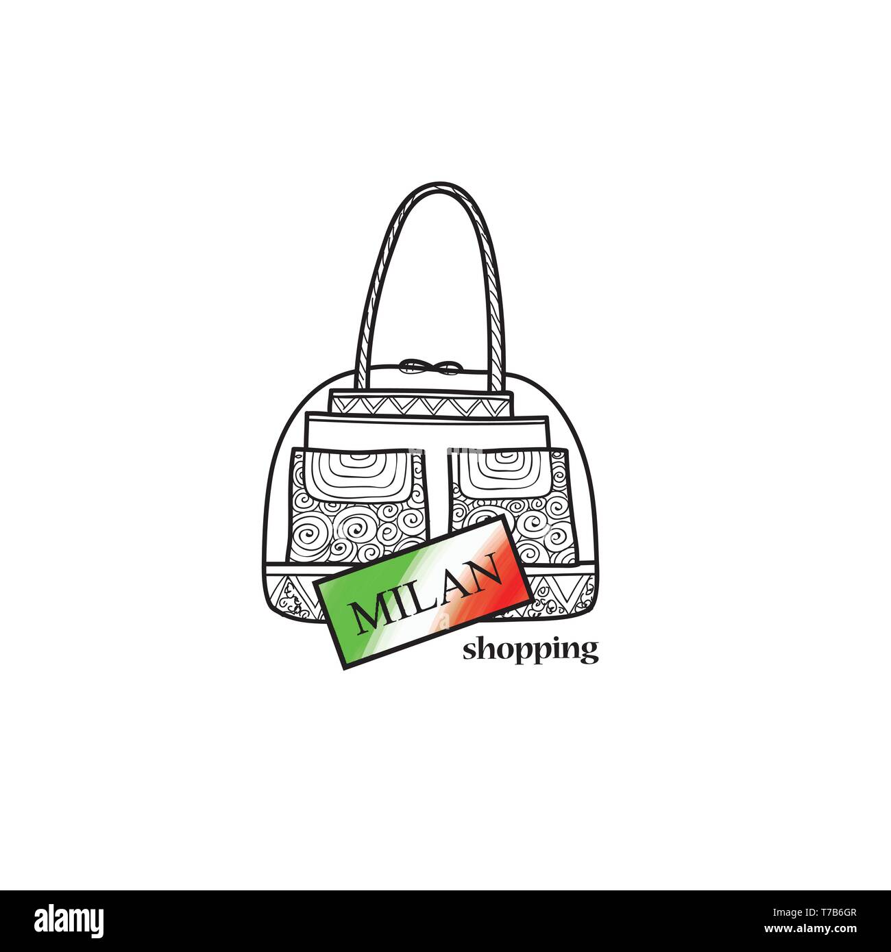 Italy travel sign. Milan city shopping label. Shop bag italian symbol. Fashion icon. Stock Vector