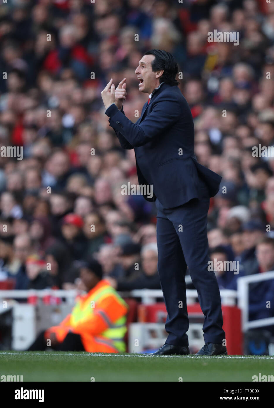 London, UK. 05th May, 2019. Unai Emery (Arsenal manager) at the Arsenal v Brighton and Hove Albion English Premier League football match at The Emirates Stadium, London, UK on May 5, 2019. **Editorial use only, license required for commercial use. No use in betting, games or a single club/league/player publications** Credit: Paul Marriott/Alamy Live News Stock Photo