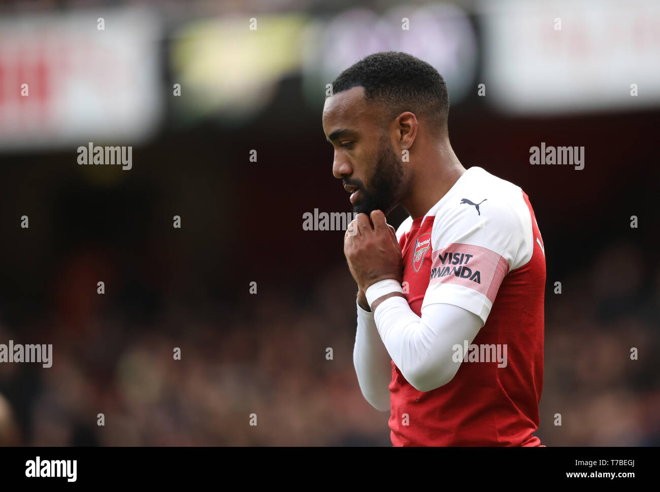 London, UK. 05th May, 2019. Alexandre Lacazette (A) dejected at the Arsenal v Brighton and Hove Albion English Premier League football match at The Emirates Stadium, London, UK on May 5, 2019. **Editorial use only, license required for commercial use. No use in betting, games or a single club/league/player publications** Credit: Paul Marriott/Alamy Live News Stock Photo