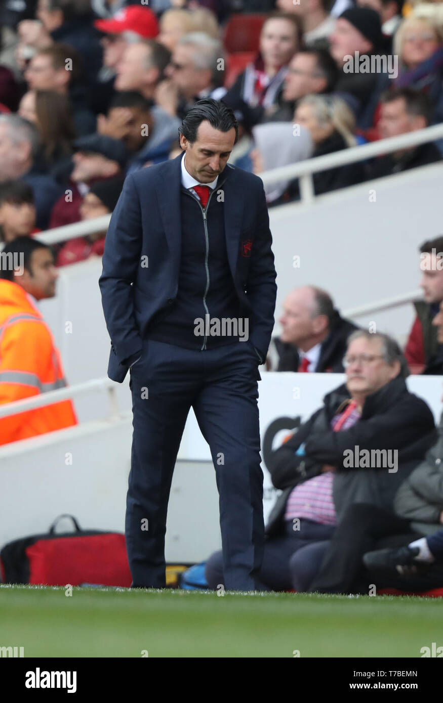 London, UK. 05th May, 2019. Unai Emery (Arsenal manager) at the Arsenal v Brighton and Hove Albion English Premier League football match at The Emirates Stadium, London, UK on May 5, 2019. **Editorial use only, license required for commercial use. No use in betting, games or a single club/league/player publications** Credit: Paul Marriott/Alamy Live News Stock Photo