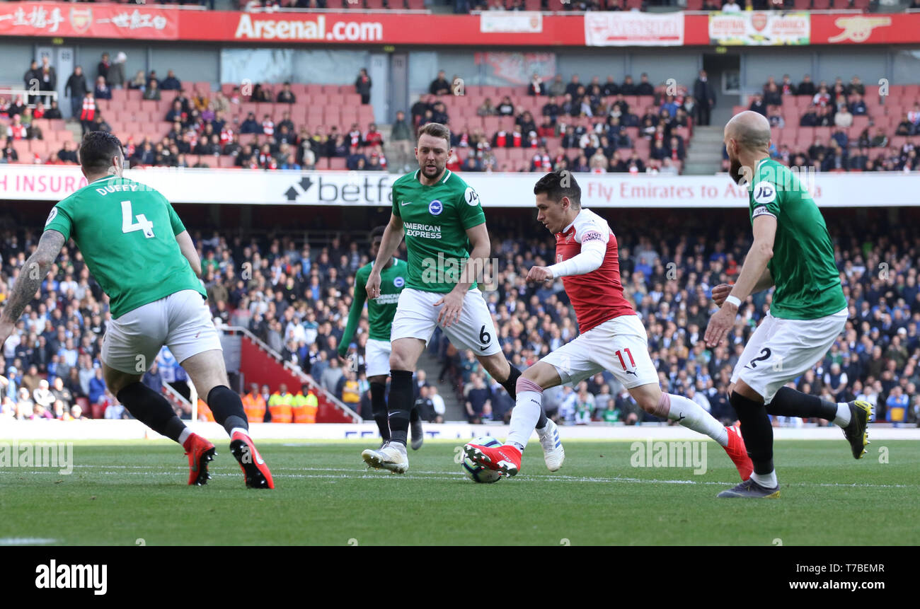 London, UK. 05th May, 2019. Shane Duffy (B&HA) Dale Stephens (B&HA) Lucas Torreira (A) Bruno Saltor (B&HA) at the Arsenal v Brighton and Hove Albion English Premier League football match at The Emirates Stadium, London, UK on May 5, 2019. **Editorial use only, license required for commercial use. No use in betting, games or a single club/league/player publications** Credit: Paul Marriott/Alamy Live News Stock Photo