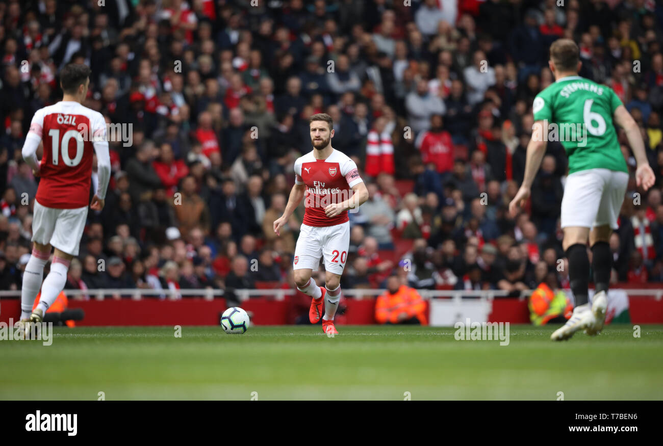 London, UK. 05th May, 2019. Shkodran Mustafi (A) at the Arsenal v Brighton and Hove Albion English Premier League football match at The Emirates Stadium, London, UK on May 5, 2019. **Editorial use only, license required for commercial use. No use in betting, games or a single club/league/player publications** Credit: Paul Marriott/Alamy Live News Stock Photo