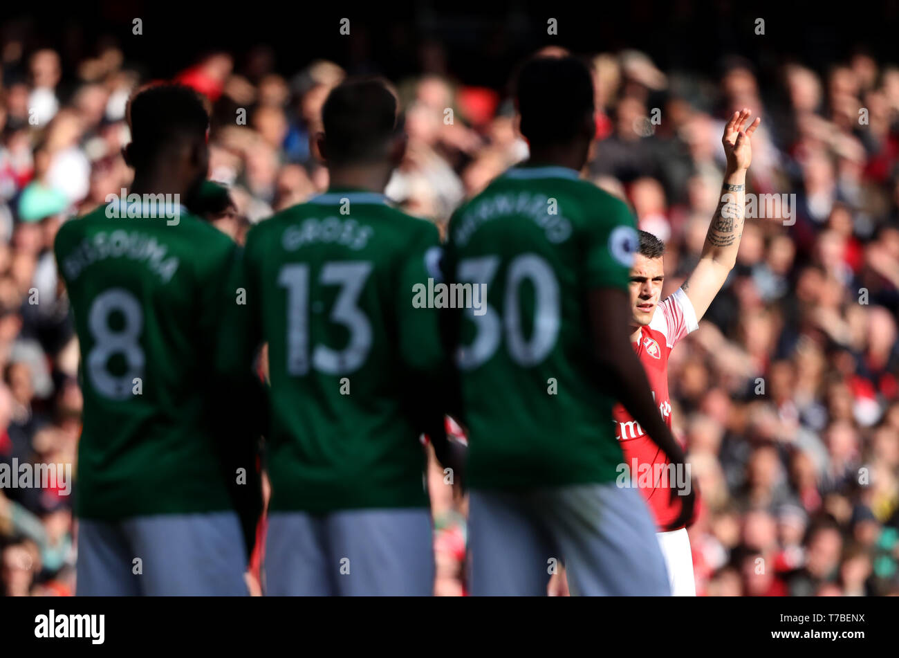 London, UK. 05th May, 2019. Granit Xhaka (A) at the Arsenal v Brighton and Hove Albion English Premier League football match at The Emirates Stadium, London, UK on May 5, 2019. **Editorial use only, license required for commercial use. No use in betting, games or a single club/league/player publications** Credit: Paul Marriott/Alamy Live News Stock Photo