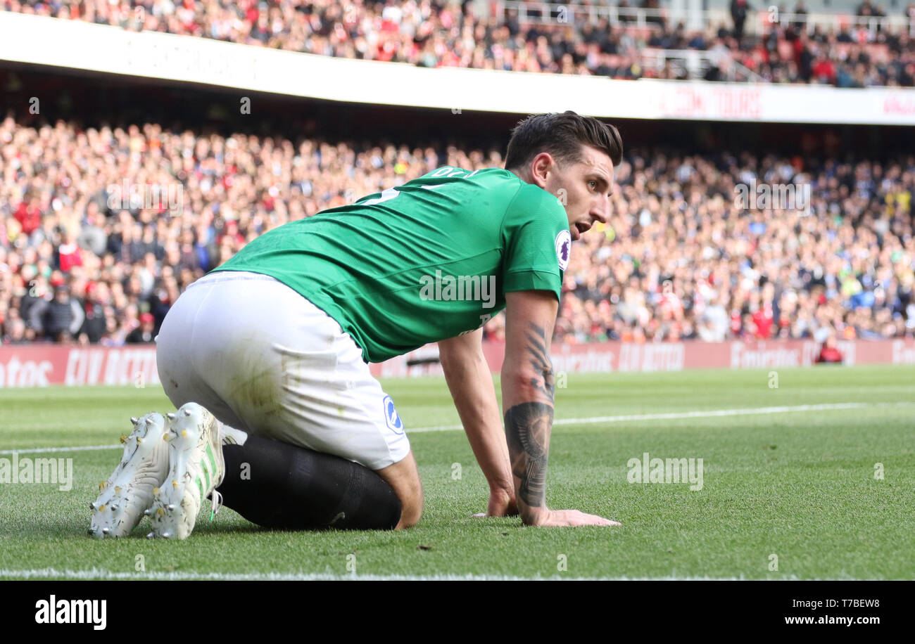 London, UK. 05th May, 2019. Lewis Dunk (B&HA) at the Arsenal v Brighton and Hove Albion English Premier League football match at The Emirates Stadium, London, UK on May 5, 2019. **Editorial use only, license required for commercial use. No use in betting, games or a single club/league/player publications** Credit: Paul Marriott/Alamy Live News Stock Photo