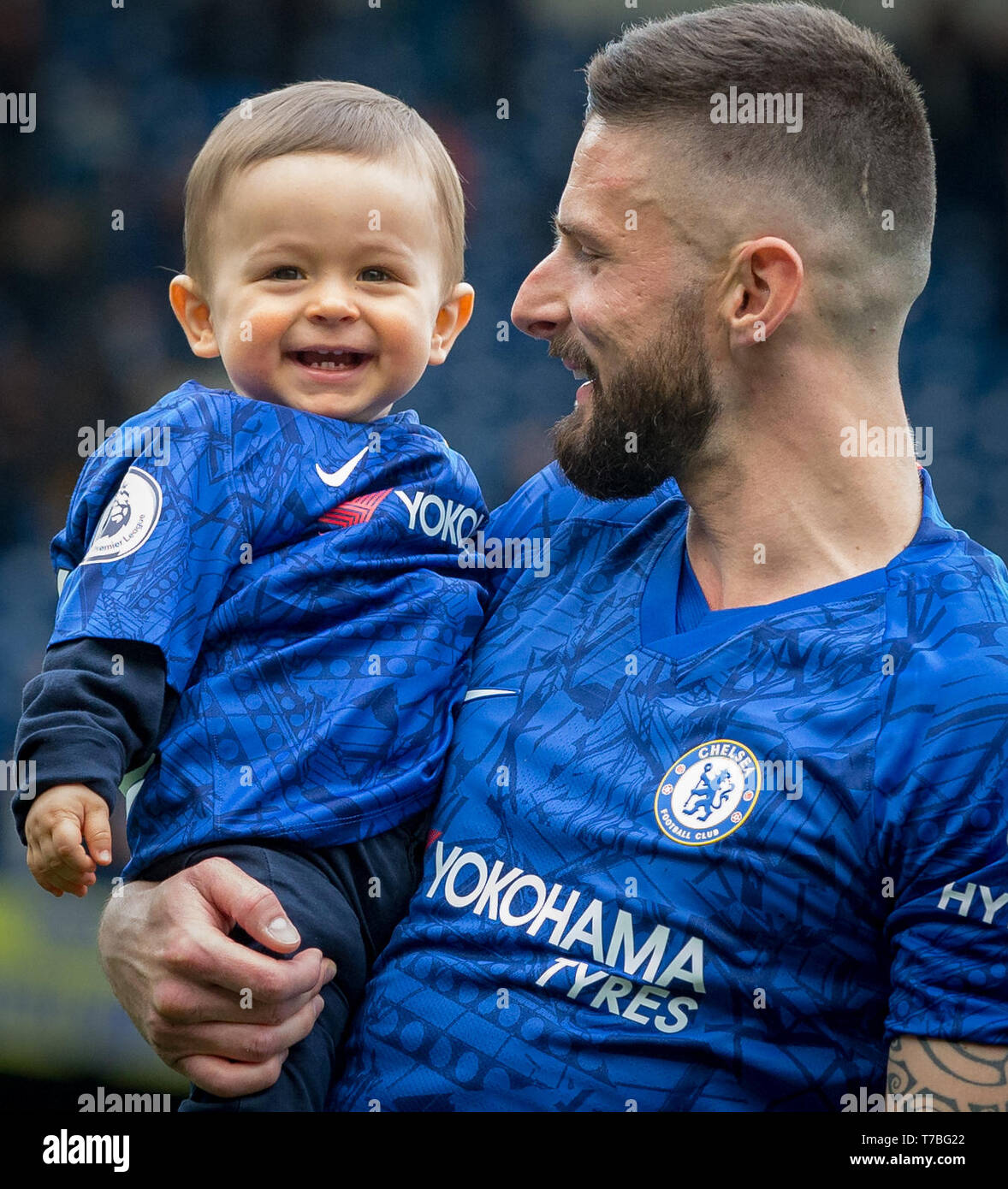 London, UK. 05th May, 2019. Olivier GIROUD of Chelsea with baby boy during  the Premier League match between Chelsea and Watford at Stamford Bridge,  London, England on 5 May 2019. Photo by