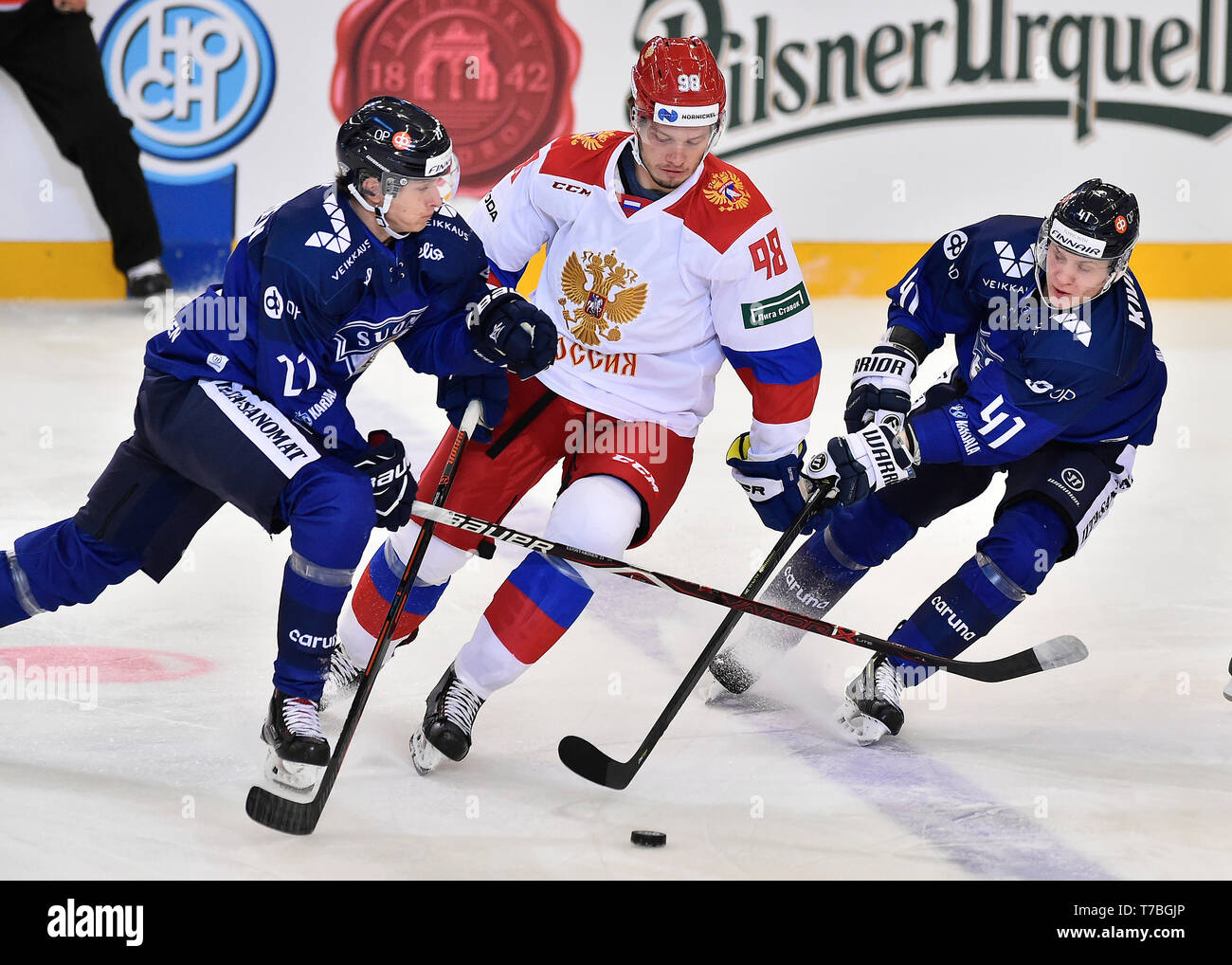 Brno, Czech Republic. 04th May, 2019. L-R Eetu Luostarinen (FIN), Mikhail Sergachyov (RUS) and Joel Kiviranta (FIN) in action during the Russia vs Finland match within Carlson Hockey Games tournament, part of Euro Hockey Tour in Brno, Czech Republic, May 4, 2019. Credit: Lubos Pavlicek/CTK Photo/Alamy Live News Stock Photo