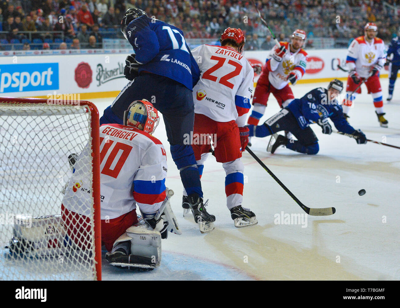 Brno, Czech Republic. 04th May, 2019. The action in front of the goalkeeper Alexandar Georgiyev's goalpost during the Russia vs Finland match within Carlson Hockey Games tournament, part of Euro Hockey Tour in Brno, Czech Republic, May 4, 2019. Credit: Lubos Pavlicek/CTK Photo/Alamy Live News Stock Photo