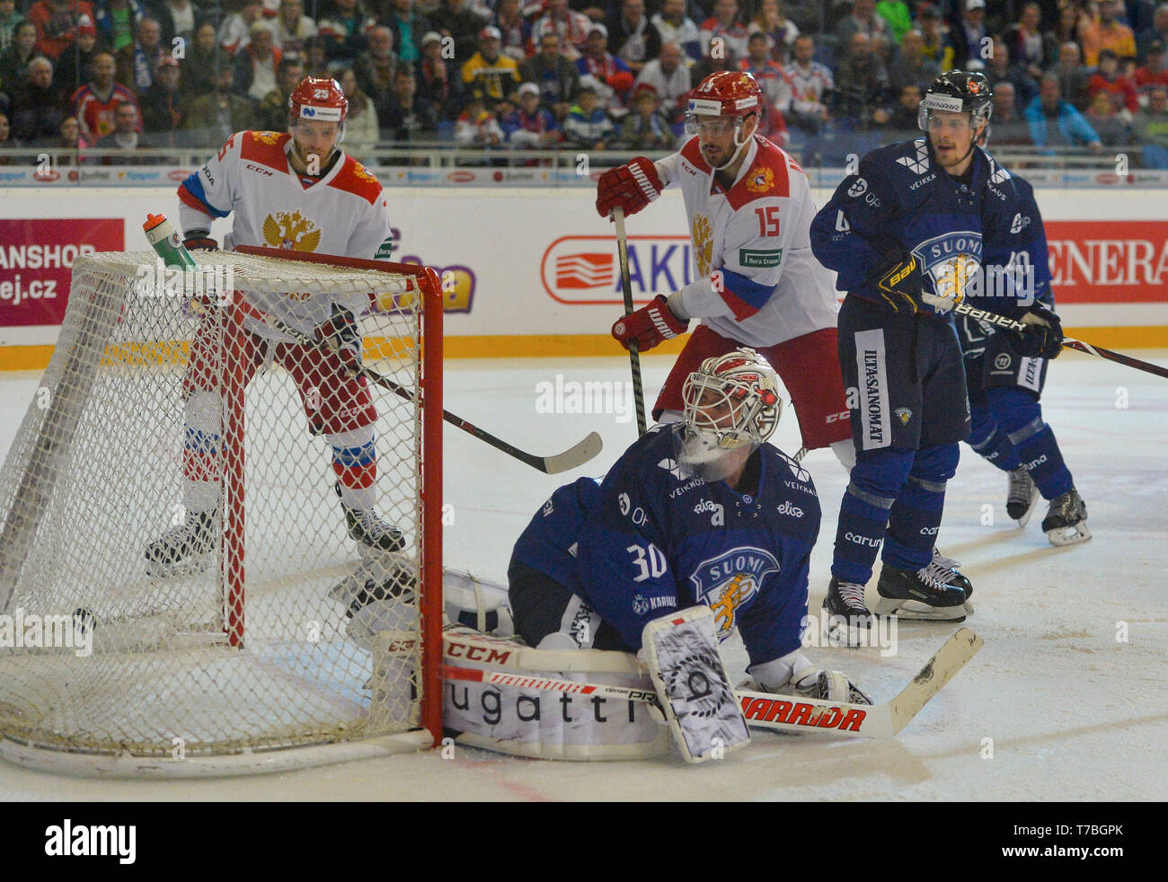 Brno, Czech Republic. 04th May, 2019. L-R Mikhail Grigorenko (RUS), goalkeeper Kevin Lankinen (FIN), Artyom Anisimov (RUS) and Mikko Lehtonen (FIN) in action during the Russia vs Finland match within Carlson Hockey Games tournament, part of Euro Hockey Tour in Brno, Czech Republic, May 4, 2019. Credit: Lubos Pavlicek/CTK Photo/Alamy Live News Stock Photo