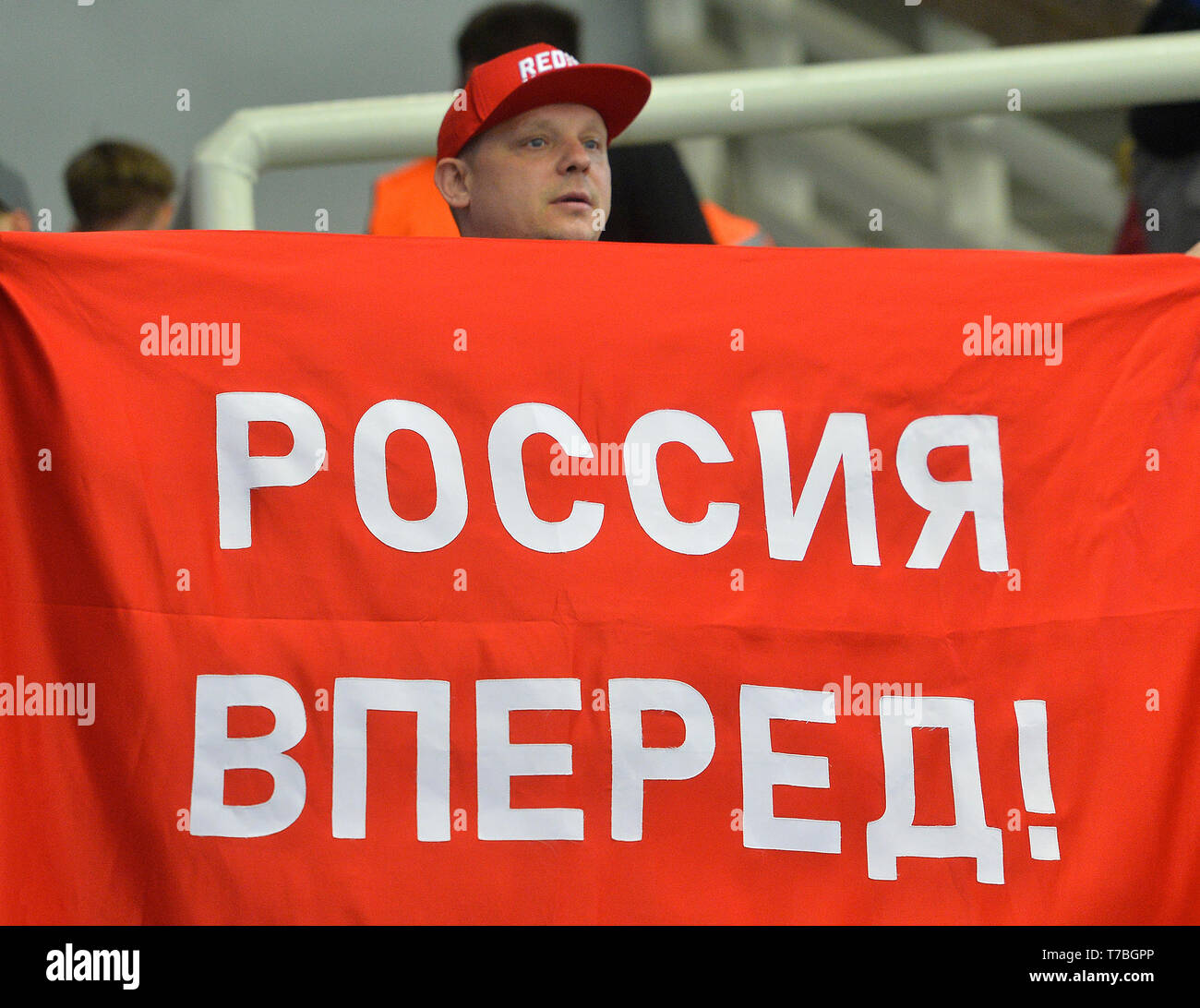 Brno, Czech Republic. 04th May, 2019. Russian fan holds a poster during the Russia vs Finland match within Carlson Hockey Games tournament, part of Euro Hockey Tour in Brno, Czech Republic, May 4, 2019. Credit: Lubos Pavlicek/CTK Photo/Alamy Live News Stock Photo