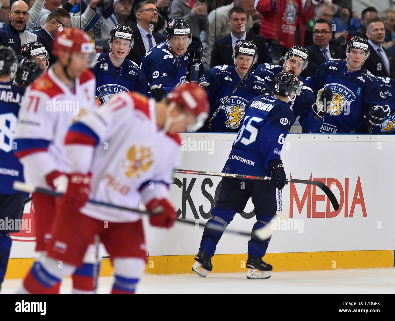 Brno, Czech Republic. 04th May, 2019. Finnish players celebrate the third goal in the Russia vs Finland match within Carlson Hockey Games tournament, part of Euro Hockey Tour in Brno, Czech Republic, May 4, 2019. Credit: Lubos Pavlicek/CTK Photo/Alamy Live News Stock Photo
