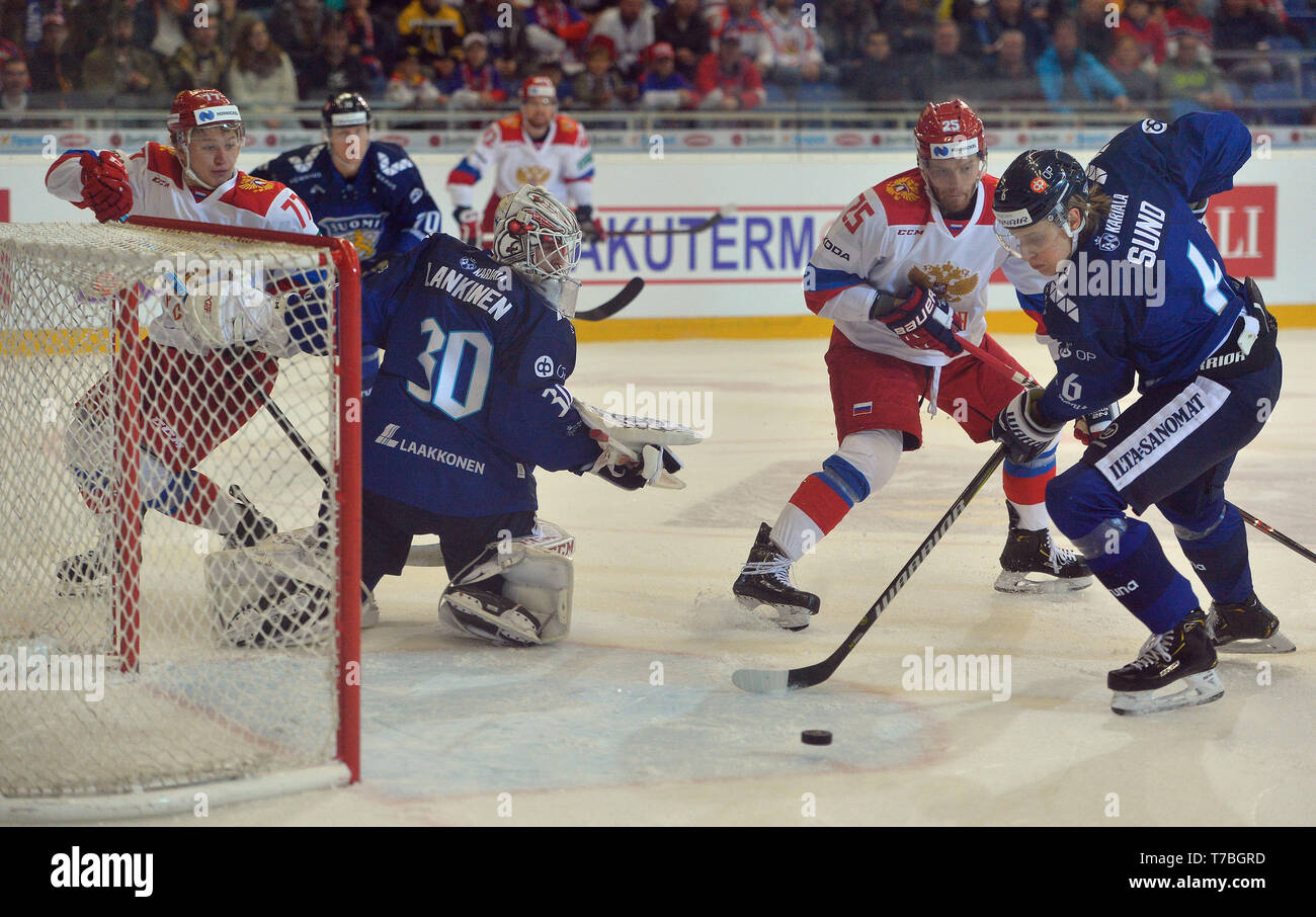 Brno, Czech Republic. 04th May, 2019. L-R Kirill Kaprizov (RUS), goalkeeper Kevin Lankinen (FIN), Mikhail Grigorenko (RUS) and Tony Sund (FIN) in action during the Russia vs Finland match within Carlson Hockey Games tournament, part of Euro Hockey Tour in Brno, Czech Republic, May 4, 2019. Credit: Lubos Pavlicek/CTK Photo/Alamy Live News Stock Photo
