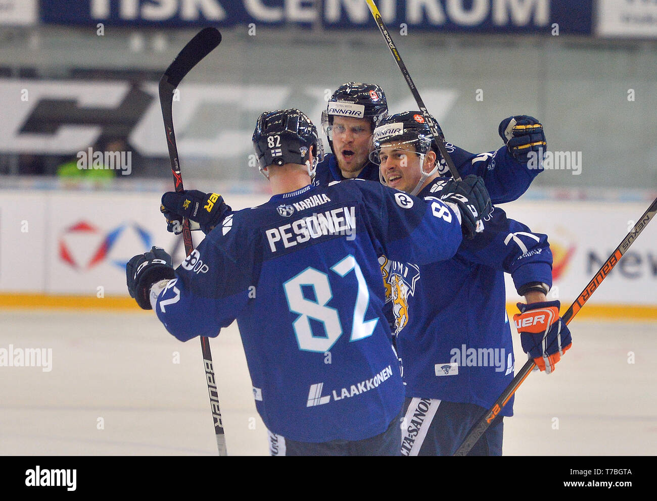 Brno, Czech Republic. 04th May, 2019. Finnish players celebrate the second goal in the Russia vs Finland match within Carlson Hockey Games tournament, part of Euro Hockey Tour in Brno, Czech Republic, May 4, 2019. Credit: Lubos Pavlicek/CTK Photo/Alamy Live News Stock Photo