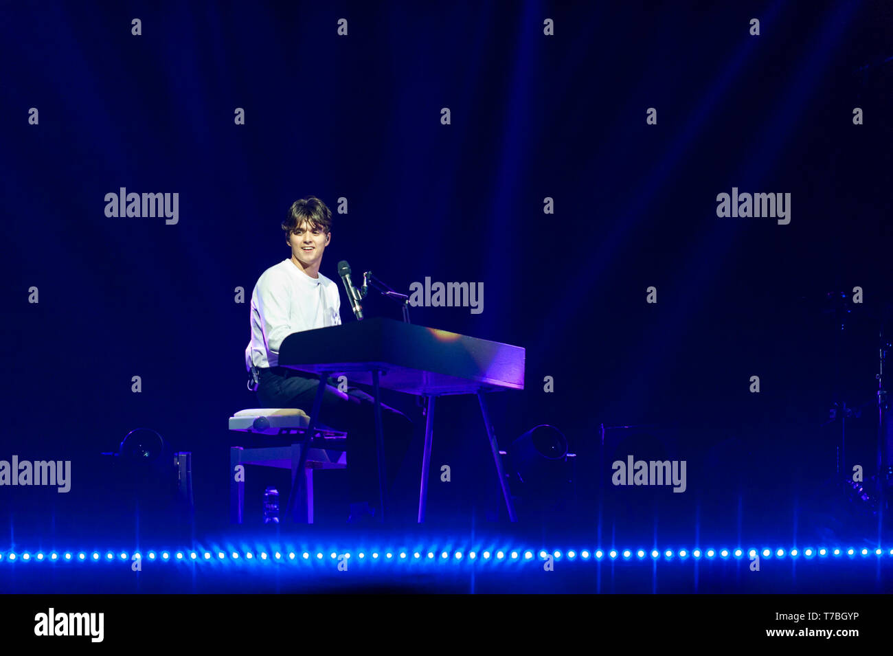 Liverpool, UK. 5th May 2019. Singer, Brad Simpson, plays piano as he  performs with his band, British pop rock band, The Vamps, at the Liverpool  M&S Bank Arena during their 'Four Corners'