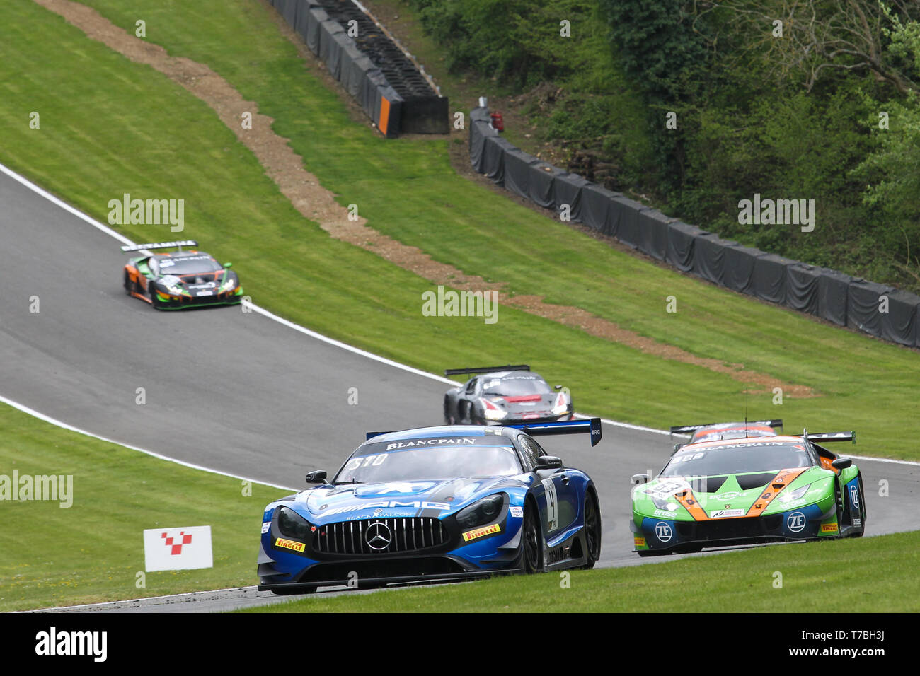 Longfield, UK. 05th May, 2019. BLACK FALCON Mercedes-AMG GT3 with drivers Luca Stolz & Maro Engel leads GRT Grasser Racing Team Lamborghini Huracan GT3 2019 with drivers Christian Engelhart & Mirko Bortolotti during race 1 of the Blancpain GT World Challenge Europe at Brands Hatch, Longfield, England on 5 May 2019. Photo by Jurek Biegus. Editorial use only, license required for commercial use. No use in betting, games or a single club/league/player publications. Credit: UK Sports Pics Ltd/Alamy Live News Stock Photo