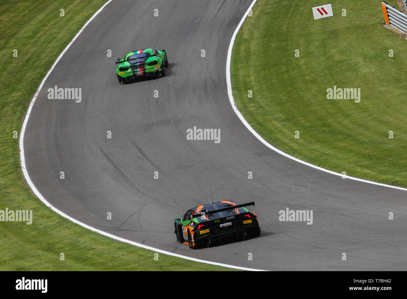 Longfield, UK. 05th May, 2019. Rinaldi Racing Ferrari 488 GT3 with drivers Rinat Salikhov & David Perel leads Orange 1 FFF Racing Team Lamborghini Huracan GT3 2019 with drivers Taylor Proto & Diego Menchaca during race 1 of the Blancpain GT World Challenge Europe at Brands Hatch, Longfield, England on 5 May 2019. Photo by Jurek Biegus. Editorial use only, license required for commercial use. No use in betting, games or a single club/league/player publications. Credit: UK Sports Pics Ltd/Alamy Live News Stock Photo