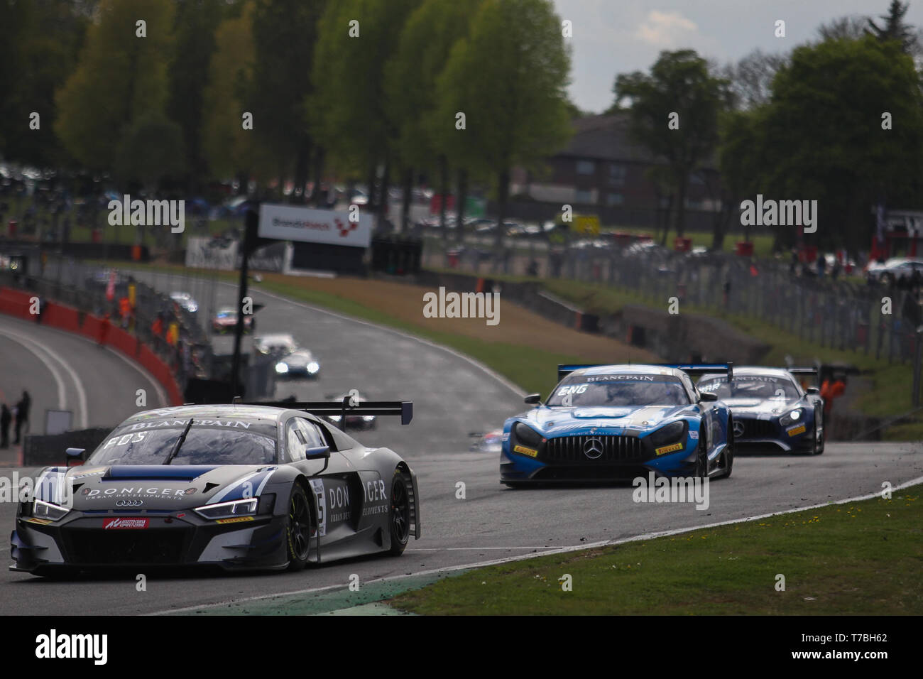 Longfield, UK. 05th May, 2019. Attempto Racing Audi R8 LMS GT3 2019 with drivers Steijn Schothorst & Nick Foster ;eads BLACK FALCON Mercedes-AMG GT3 with drivers Luca Stolz & Maro Engel during race 2 of the Blancpain GT World Challenge Europe at Brands Hatch, Longfield, England on 5 May 2019. Photo by Jurek Biegus. Editorial use only, license required for commercial use. No use in betting, games or a single club/league/player publications. Credit: UK Sports Pics Ltd/Alamy Live News Stock Photo