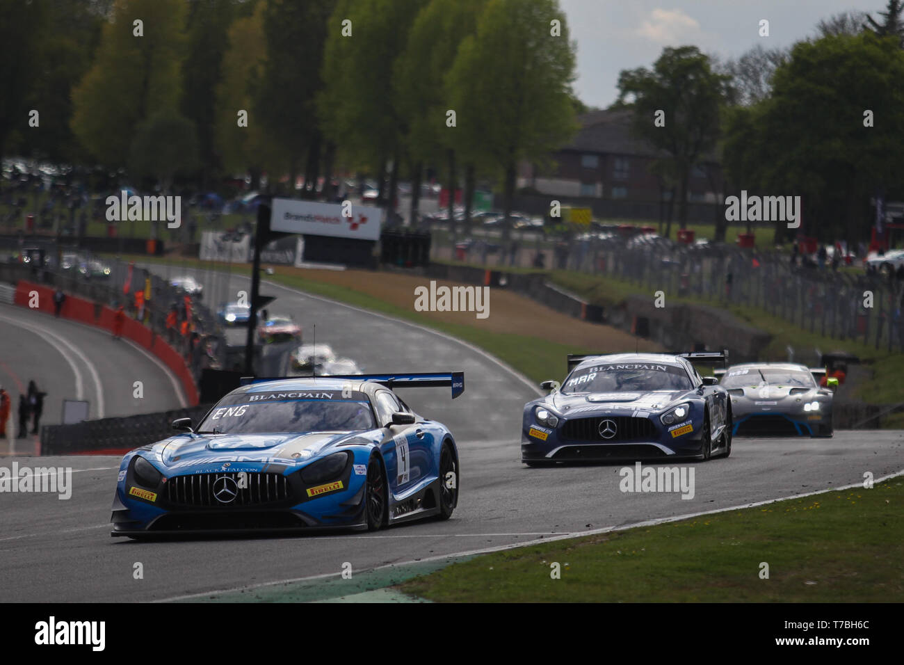 Longfield, UK. 05th May, 2019. BLACK FALCON Mercedes-AMG GT3 with drivers Luca Stolz & Maro Engel leads Akka ASP Team Mercedes-AMG GT3 with drivers Vincent Abril & Raffaele Marciello during race 2 of the Blancpain GT World Challenge Europe at Brands Hatch, Longfield, England on 5 May 2019. Photo by Jurek Biegus. Editorial use only, license required for commercial use. No use in betting, games or a single club/league/player publications. Credit: UK Sports Pics Ltd/Alamy Live News Stock Photo