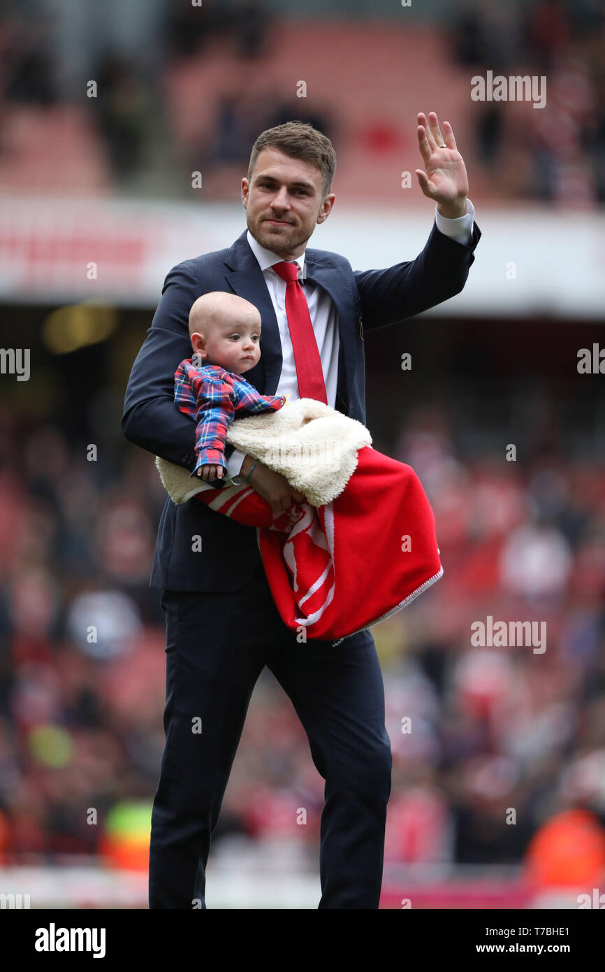 London, UK. 05th May, 2019. Aaron Ramsey (A) thanks the fans, as he is leaving Arsenal to join Juventus. Arsenal v Brighton and Hove Albion English Premier League football match at The Emirates Stadium, London, UK on May 5, 2019. **Editorial use only, license required for commercial use. No use in betting, games or a single club/league/player publications** Credit: Paul Marriott/Alamy Live News Stock Photo