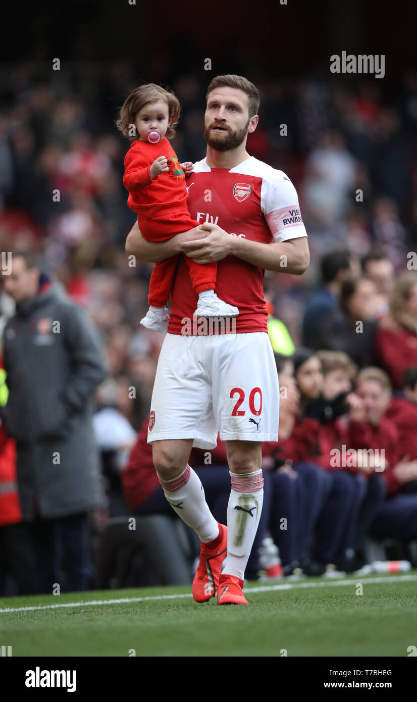 London, UK. 05th May, 2019. Shkodran Mustafi (A) walks round after at the Arsenal v Brighton and Hove Albion English Premier League football match at The Emirates Stadium, London, UK on May 5, 2019. **Editorial use only, license required for commercial use. No use in betting, games or a single club/league/player publications** Credit: Paul Marriott/Alamy Live News Stock Photo
