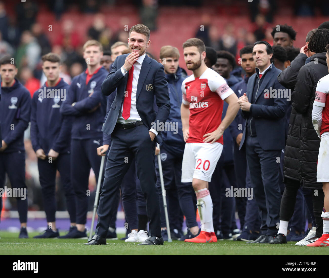 London, UK. 05th May, 2019. An emotional Aaron Ramsey (A), as he leaves Arsenal for Juventus at the end of the season, at the Arsenal v Brighton and Hove Albion English Premier League football match at The Emirates Stadium, London, UK on May 5, 2019. **Editorial use only, license required for commercial use. No use in betting, games or a single club/league/player publications** Credit: Paul Marriott/Alamy Live News Stock Photo
