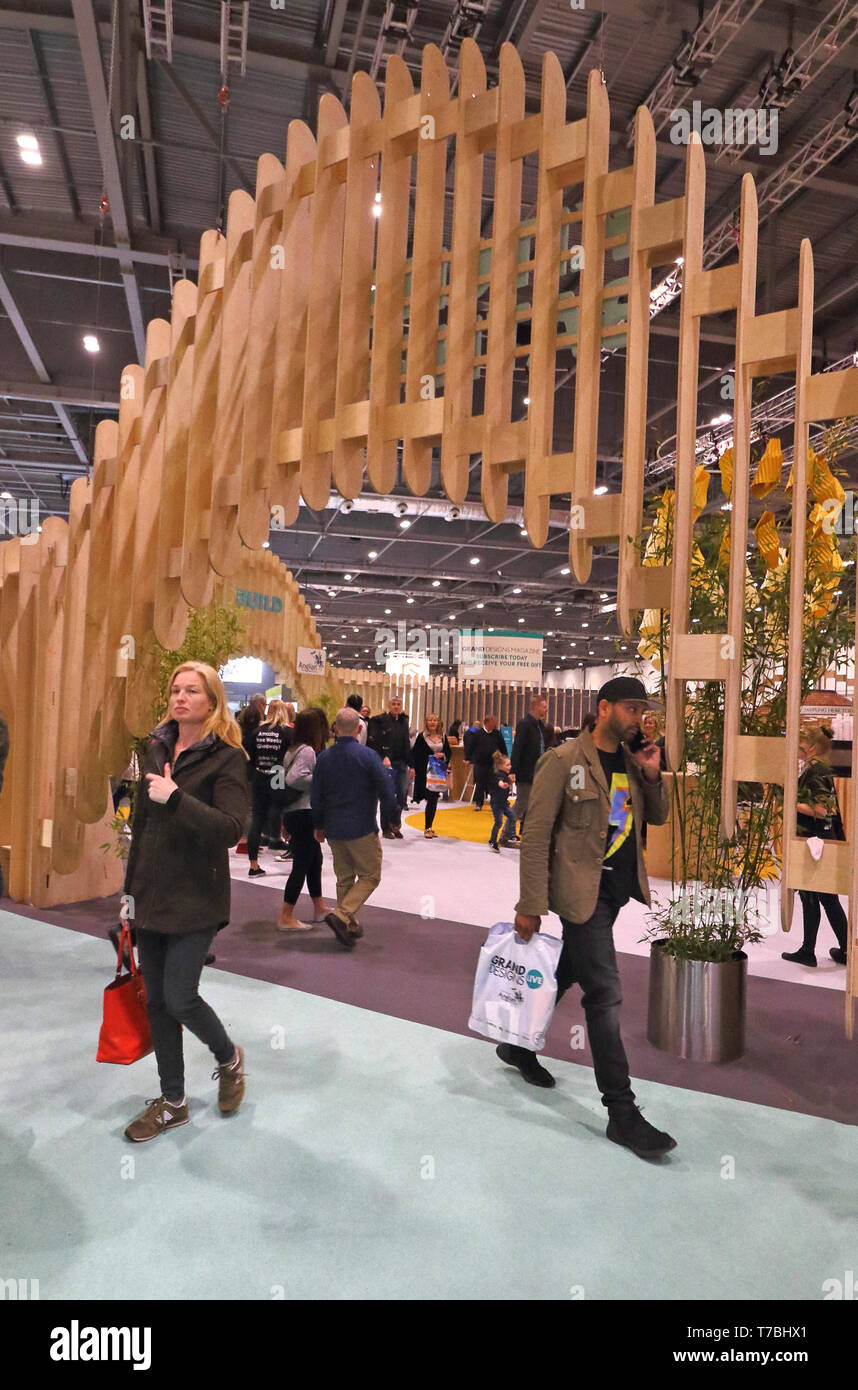 London, UK. 5th May, 2019. People seen moving around during the exhibition.Grand Designs Live exhibition sponsored by Anglian Home Improvements, with more than 500 exhibitors in zones for sustainable technology, self-build, design, grand technology, interiors, kitchens & bathrooms, gardens, food & housewares. The show offers visitors a unique opportunity to see all the latest trends for the home as well as many products never seen before. Based on the Channel 4 TV series and held at Excel London. Credit: Keith Mayhew/SOPA Images/ZUMA Wire/Alamy Live News Stock Photo