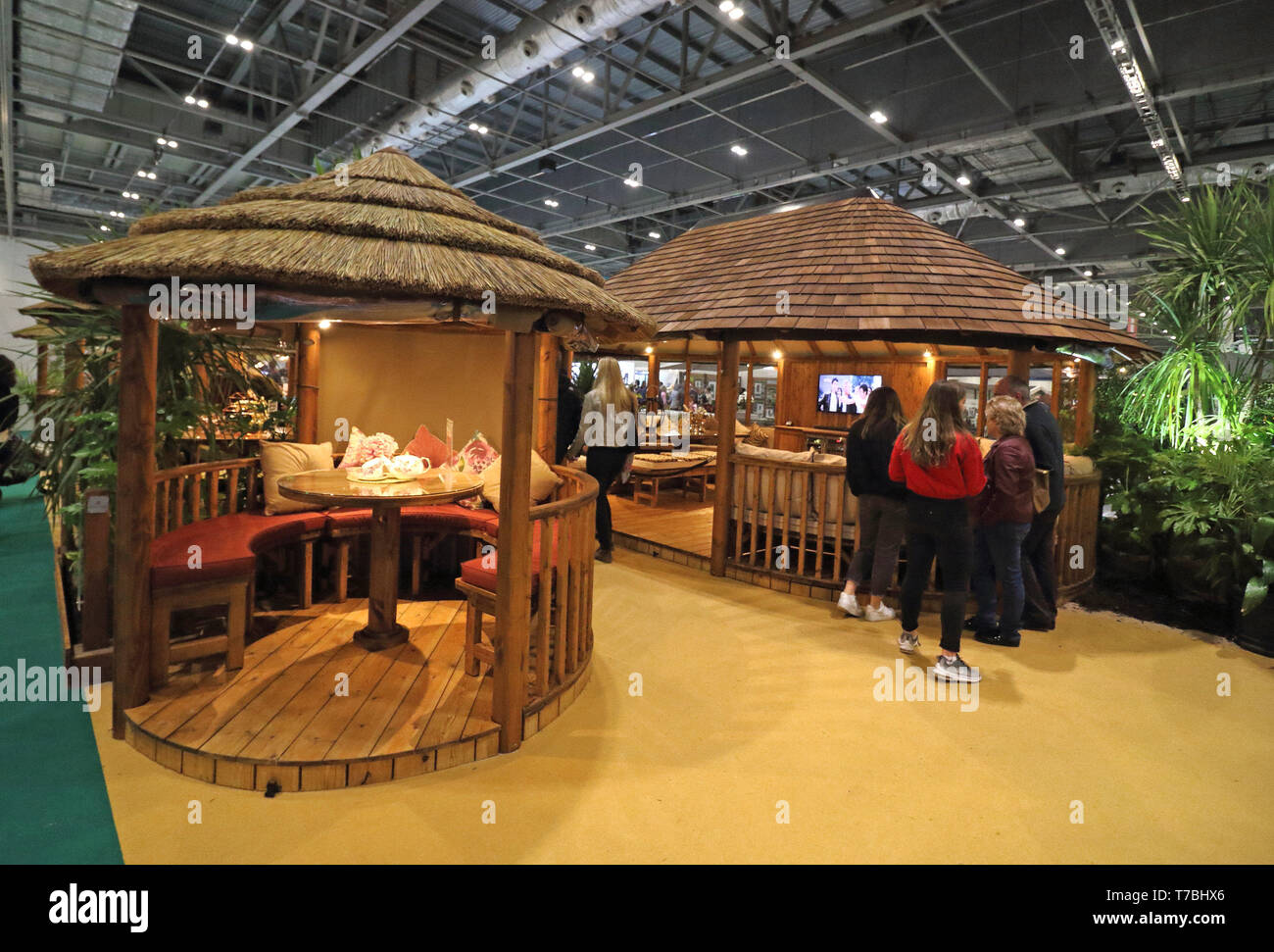London, UK. 5th May, 2019. Outdoor seating cabanas seen displayed during the exhibition.Grand Designs Live exhibition sponsored by Anglian Home Improvements, with more than 500 exhibitors in zones for sustainable technology, self-build, design, grand technology, interiors, kitchens & bathrooms, gardens, food & housewares. The show offers visitors a unique opportunity to see all the latest trends for the home as well as many products never seen before. Based on the Channel 4 TV series and held at Excel London. Credit: Keith Mayhew/SOPA Images/ZUMA Wire/Alamy Live News Stock Photo