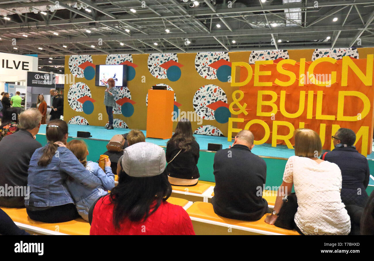 London, UK. 5th May, 2019. A Design and Build Forum seen taking place during the exhibition.Grand Designs Live exhibition sponsored by Anglian Home Improvements, with more than 500 exhibitors in zones for sustainable technology, self-build, design, grand technology, interiors, kitchens & bathrooms, gardens, food & housewares. The show offers visitors a unique opportunity to see all the latest trends for the home as well as many products never seen before. Based on the Channel 4 TV series and held at Excel London. Credit: Keith Mayhew/SOPA Images/ZUMA Wire/Alamy Live News Stock Photo