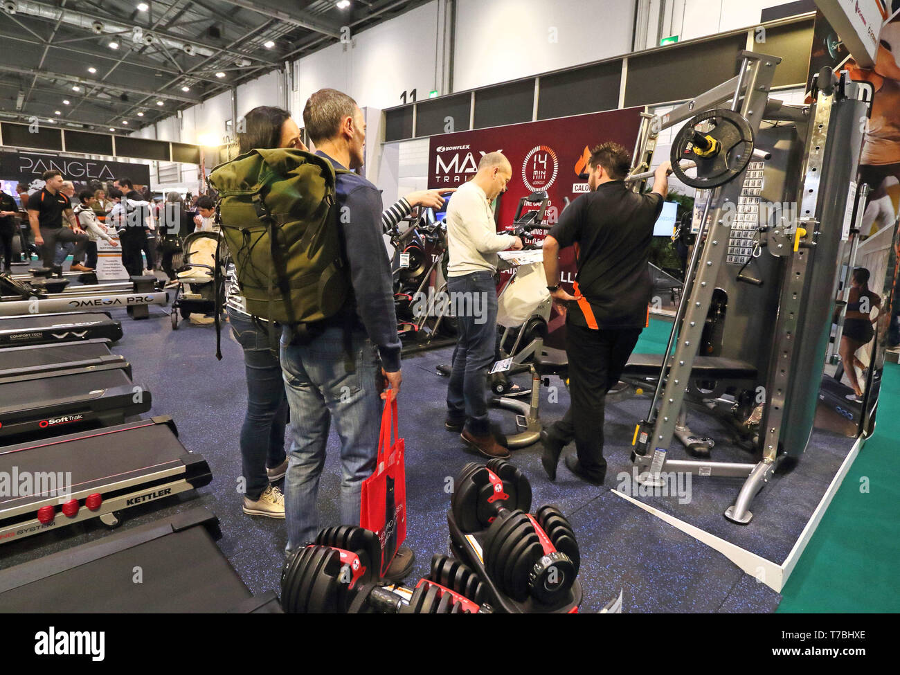 London, UK. 5th May, 2019. State of the art gym products seen displayed during the exhibition.Grand Designs Live exhibition sponsored by Anglian Home Improvements, with more than 500 exhibitors in zones for sustainable technology, self-build, design, grand technology, interiors, kitchens & bathrooms, gardens, food & housewares. The show offers visitors a unique opportunity to see all the latest trends for the home as well as many products never seen before. Based on the Channel 4 TV series and held at Excel London. Credit: Keith Mayhew/SOPA Images/ZUMA Wire/Alamy Live News Stock Photo