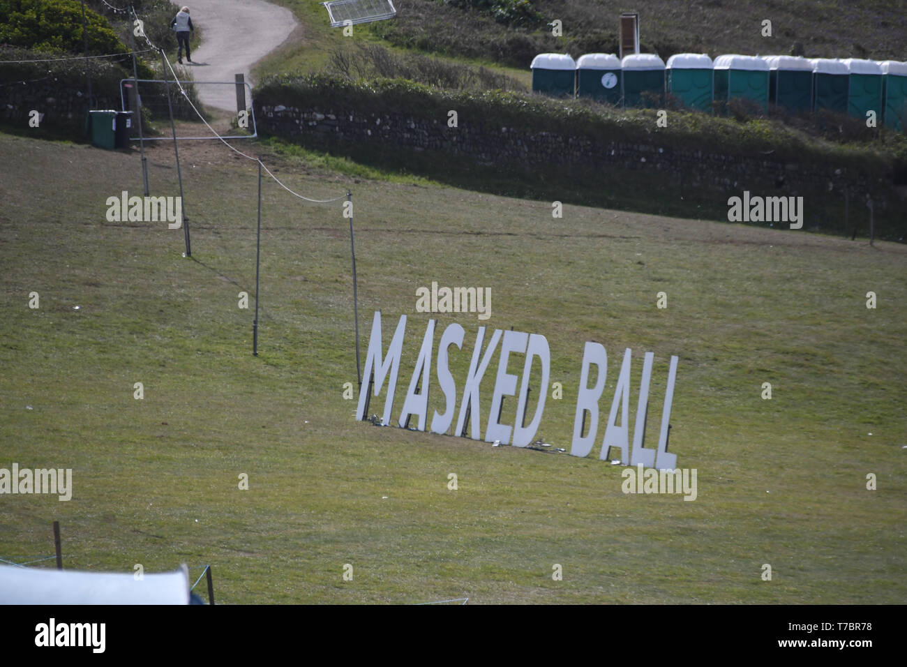 Parc Trammel Cove, Porthleven, Cornwall, UK. 6th May 2019. This is the scene of the cliff where 3 men fell 70ft off a cliff late Sunday night near the site of the Masked Ball, weekend Music festival. The injuries are serious and they are being treated at Derriford hospital Plymouth. The summer masked ball is a 3 day festival where attendees can camp on fields that are adjacent to the site of the accident. Credit Cwpix  / Alamy Live News Stock Photo