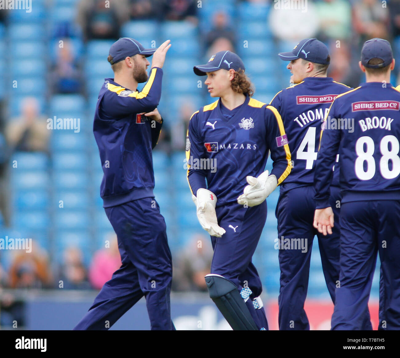 Emerald Headingley Stadium, Leeds, West Yorkshire, UK. 6th May 2019. Tim Bresnan (L) celebrates taking the wicket of Ben Raine of Durham caught by Ben Birkhead (C) of Yorkshire Vikings during the Royal London One Day Cup match Yorkshire Viking vs Durham Lions at Emerald Headingley Stadium, Leeds, West Yorkshire. Credit: Touchlinepics/Alamy Live News Stock Photo