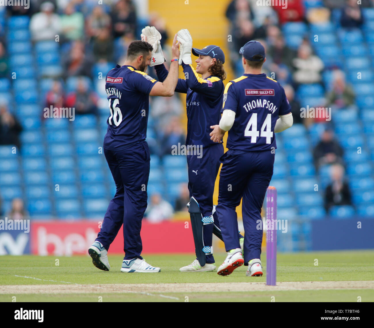 Emerald Headingley Stadium, Leeds, West Yorkshire, UK. 6th May 2019. Tim Bresnan (L) celebrates taking the wicket of Ben Raine of Durham caught by Ben Birkhead (C) of Yorkshire Vikings during the Royal London One Day Cup match Yorkshire Viking vs Durham Lions at Emerald Headingley Stadium, Leeds, West Yorkshire. Credit: Touchlinepics/Alamy Live News Stock Photo