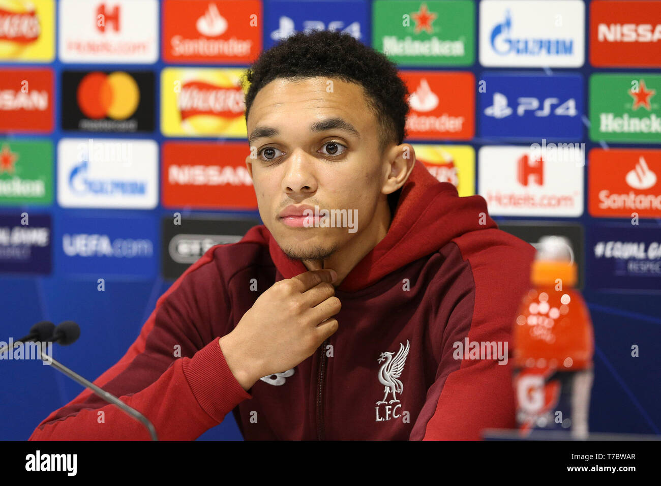 Liverpool, UK. 06th May, 2019. Trent Alexander-Arnold of Liverpool FC at the UEFA Champions league, Liverpool FC team press conference at Anfield Stadium in Liverpool on Monday 6th May 2019. the team are preparing ahead of tomorrow's match against Barcelona. this image may only be used for Editorial purposes. Editorial use only, license required for commercial use. pic by Chris Stading/Andrew Orchard sports photography/Alamy Live news Credit: Andrew Orchard sports photography/Alamy Live News Stock Photo