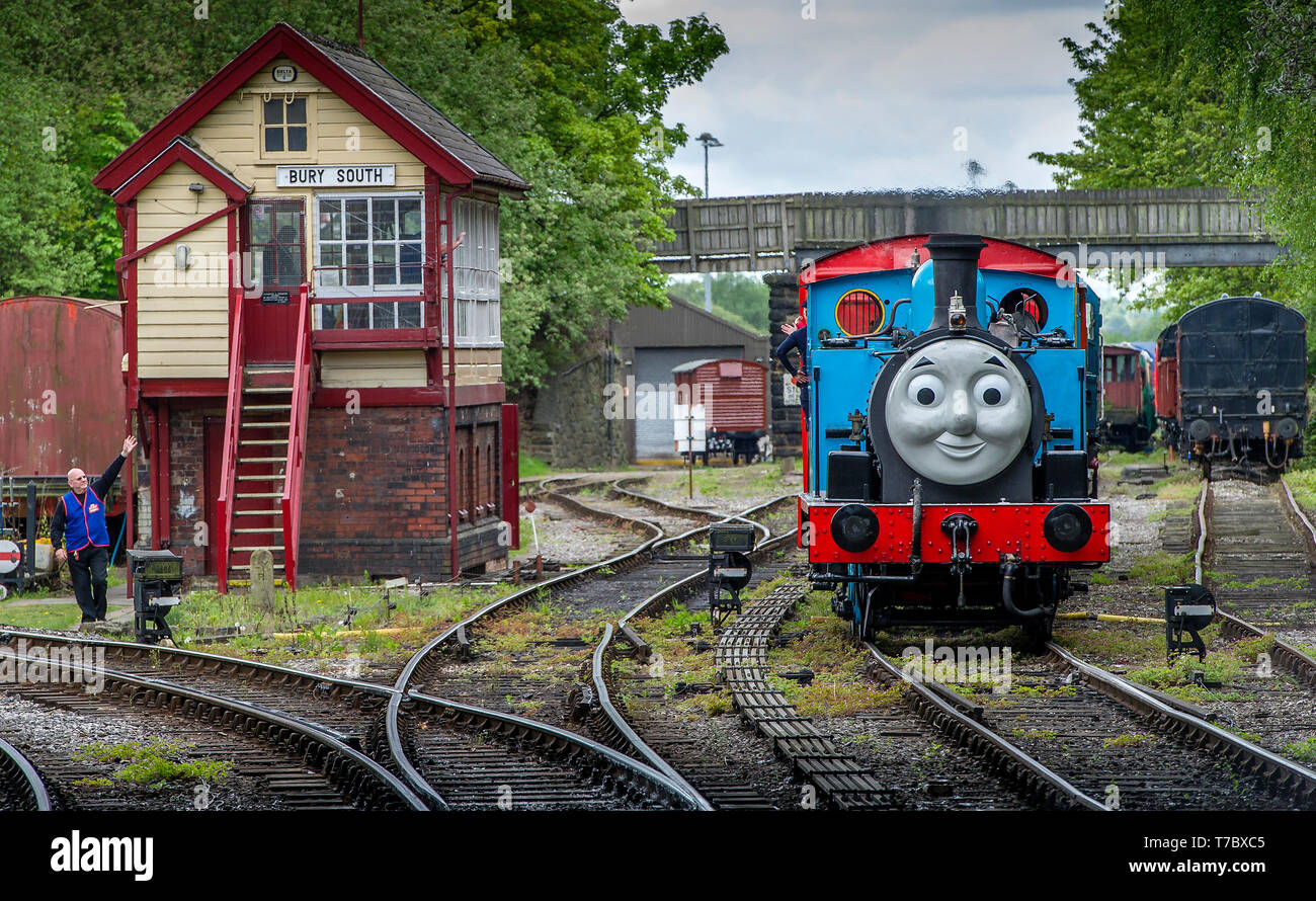 Bury, Lancashire, UK. 6th May, 2019. Hundreds of visitors flocked to the annual Day Out With Thomas event at the East Lancashire Railway, Bury, Lancashire. Youngsters got ride along the tracks behind the famous little blue tank engine and there was also a visit by the Fat Controller amongst many other themed activities throughout the Bank Holiday weekend. Picture by Credit: Paul Heyes/Alamy Live News Stock Photo