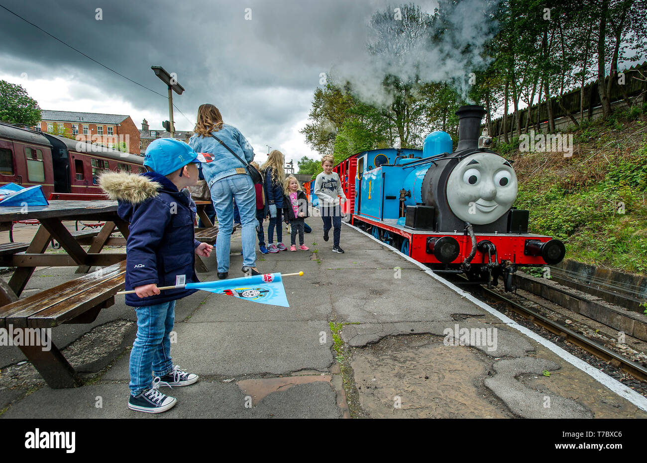 Bury, Lancashire, UK. 6th May, 2019. Hundreds of visitors flocked to the annual Day Out With Thomas event at the East Lancashire Railway, Bury, Lancashire. Youngsters got ride along the tracks behind the famous little blue tank engine and there was also a visit by the Fat Controller amongst many other themed activities throughout the Bank Holiday weekend. Picture by Credit: Paul Heyes/Alamy Live News Stock Photo