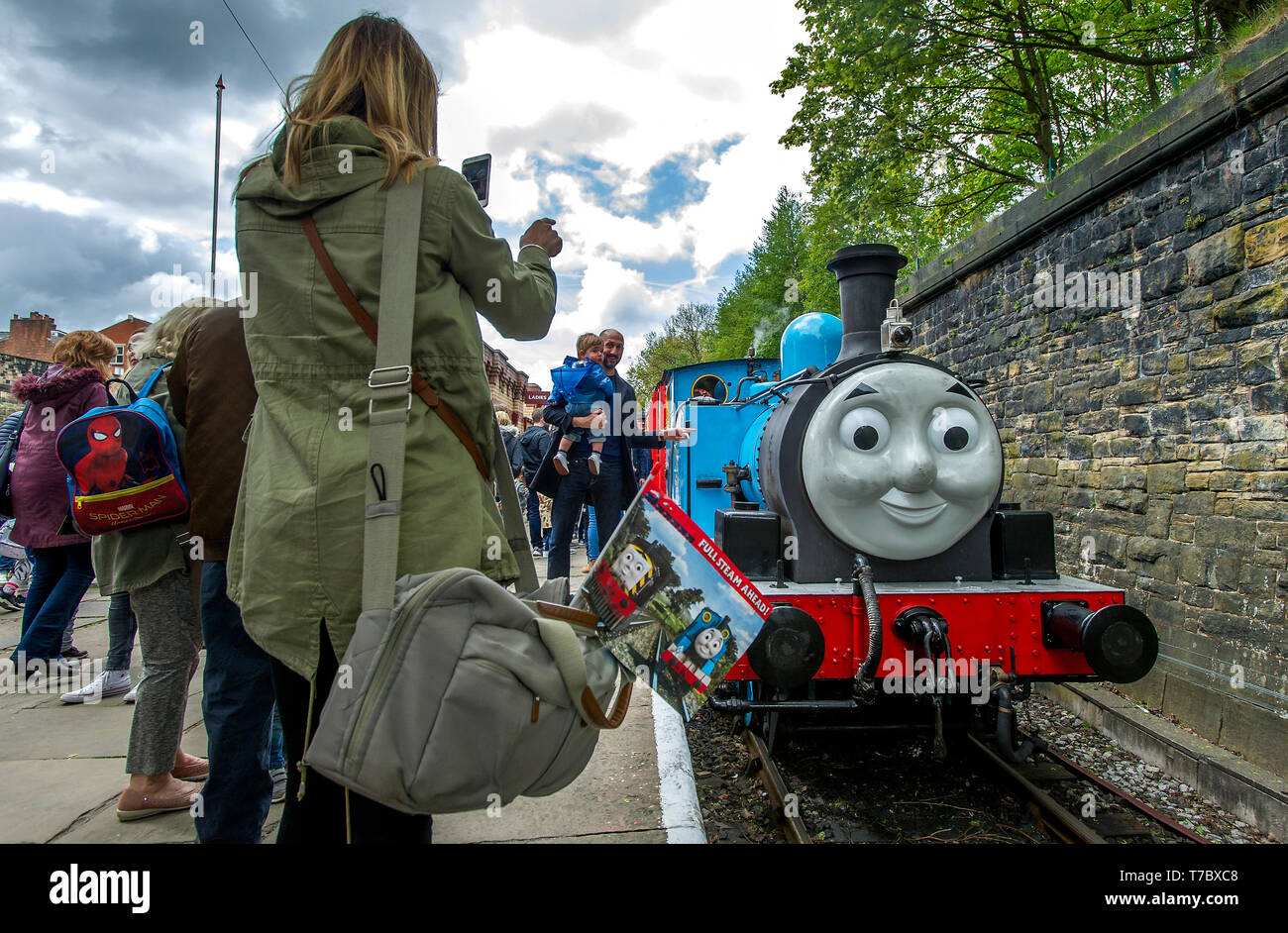 Bury, Lancashire, UK. 6th May, 2019. Hundreds of visitors flocked to the annual Day Out With Thomas event at the East Lancashire Railway, Bury, Lancashire. Youngsters got ride along the tracks behind the famous little blue tank engine and there was also a visit by the Fat Controller amongst many other themed activities throughout the Bank Holiday weekend. Picture by Credit: Paul Heyes/Alamy Live News Stock Photo