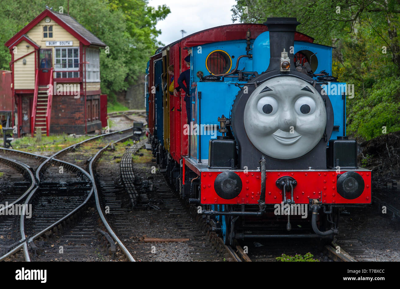 Bury, Lancashire, UK. 6th May, 2019. Hundreds of visitors flocked to the annual Day Out With Thomas event at the East Lancashire Railway, Bury, Lancashire. Youngsters got ride along the tracks behind the famous little blue tank engine and there was also a visit by the Fat Controller amongst many other themed activities throughout the Bank Holiday weekend. Picture by Credit: Paul Heyes/Alamy Live News Stock Photo