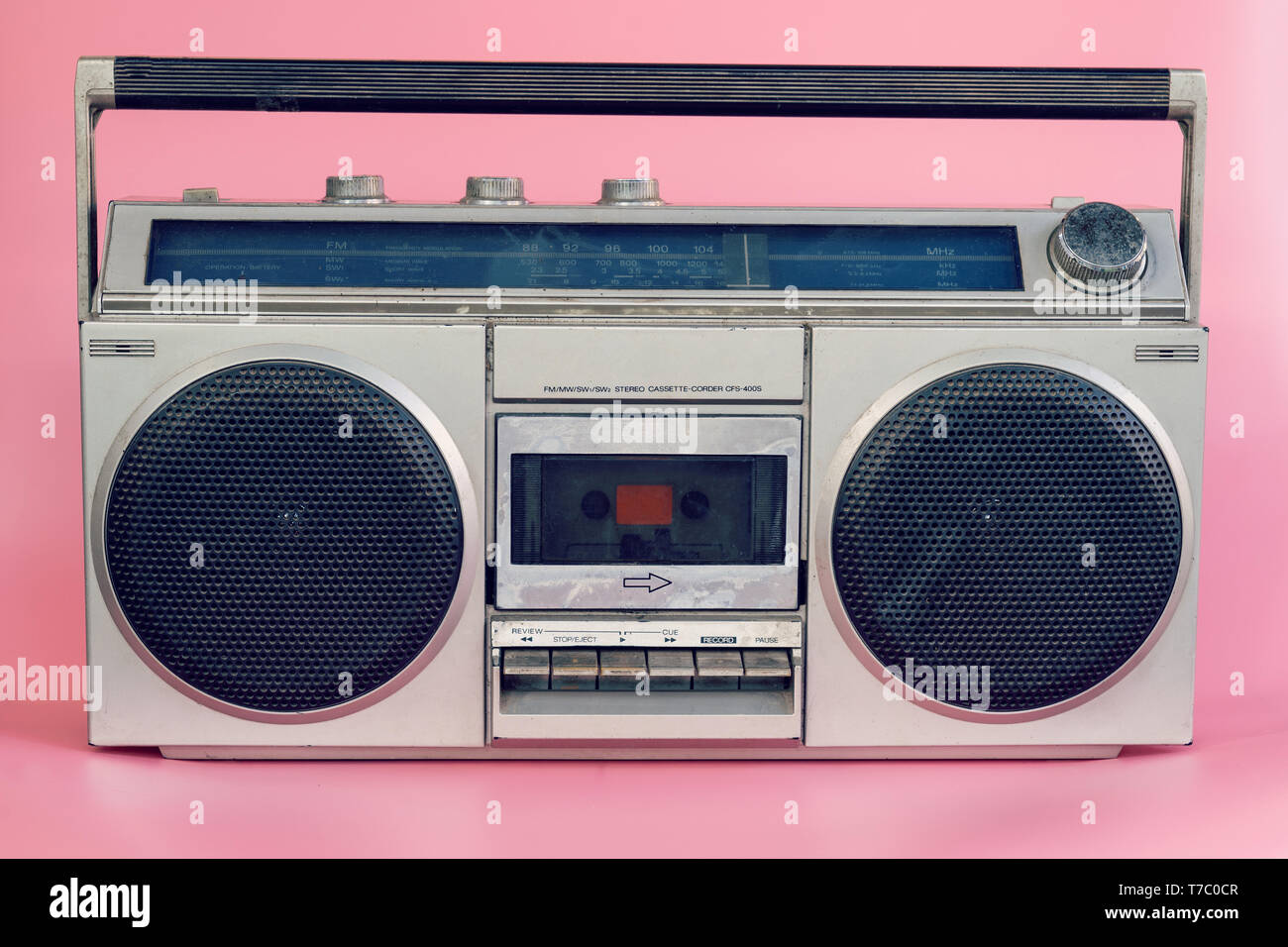 Vintage stereo on pink pastel color background Stock Photo