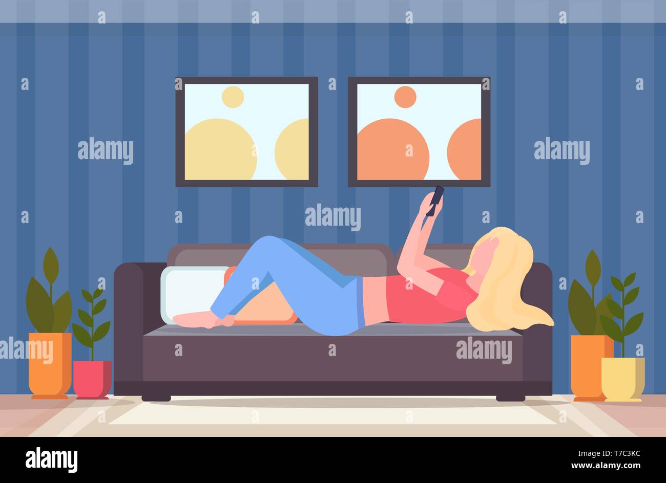 Blonde Woman Lying On Couch Girl Taking Selfie Photo On Smartphone Camera Modern Living Room 4743