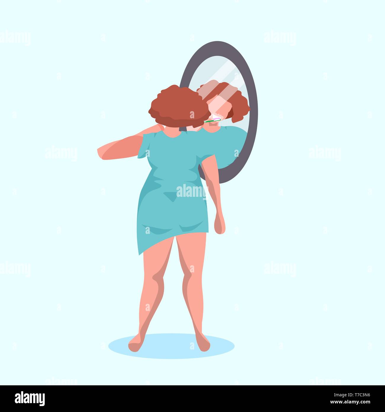 woman in pajama brushing teeth rear view girl in home wear looking into mirror overweight female cartoon character flat full length Stock Vector