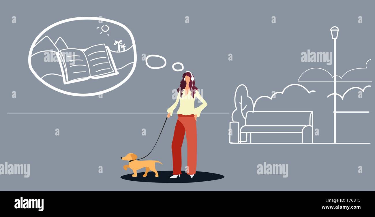 woman walking with dog girl listening audio book through headphones urban park landscape background female character with pet having fun full length Stock Vector