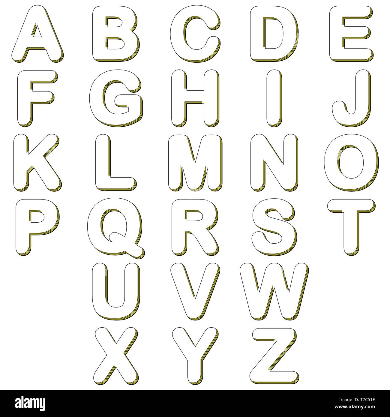 Black and yellow lines outline alphabet isolated on white background