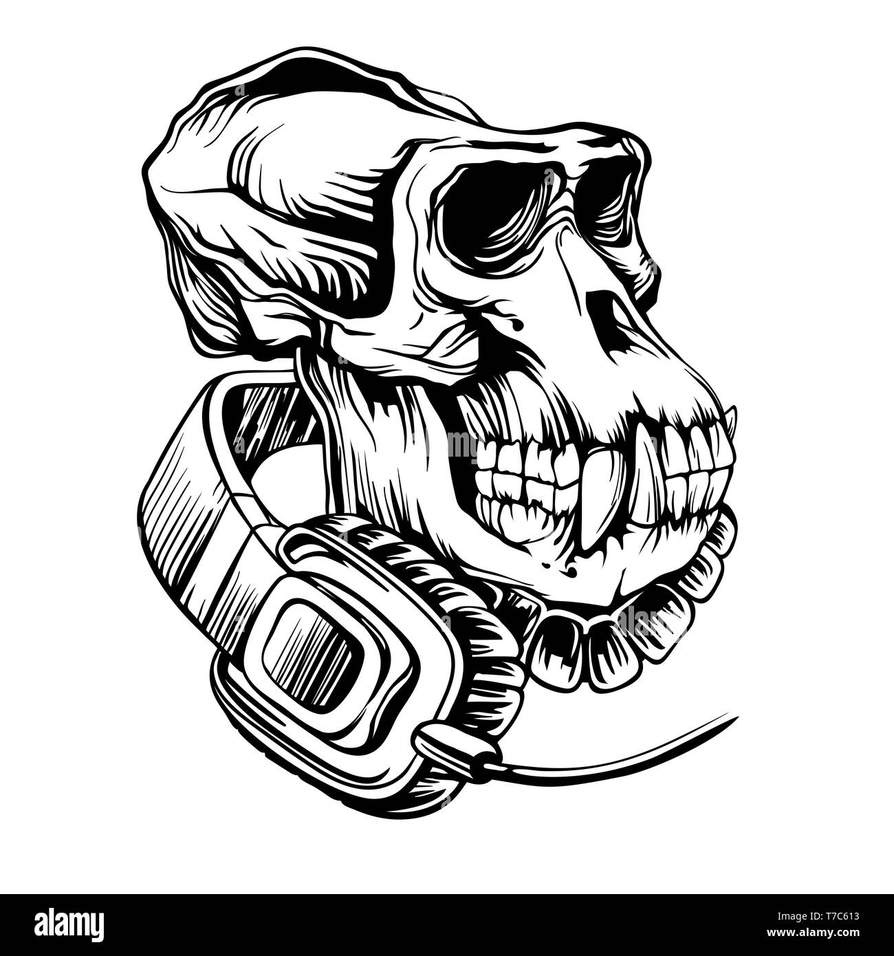 Skull of a gorilla with headphones Stock Photo