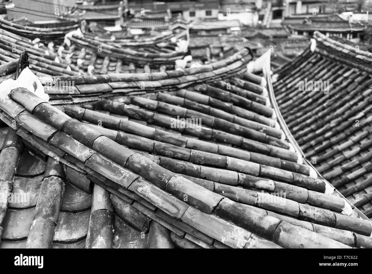 black and whiet view over the roof top traditional houses in Seoul,South Korea Stock Photo