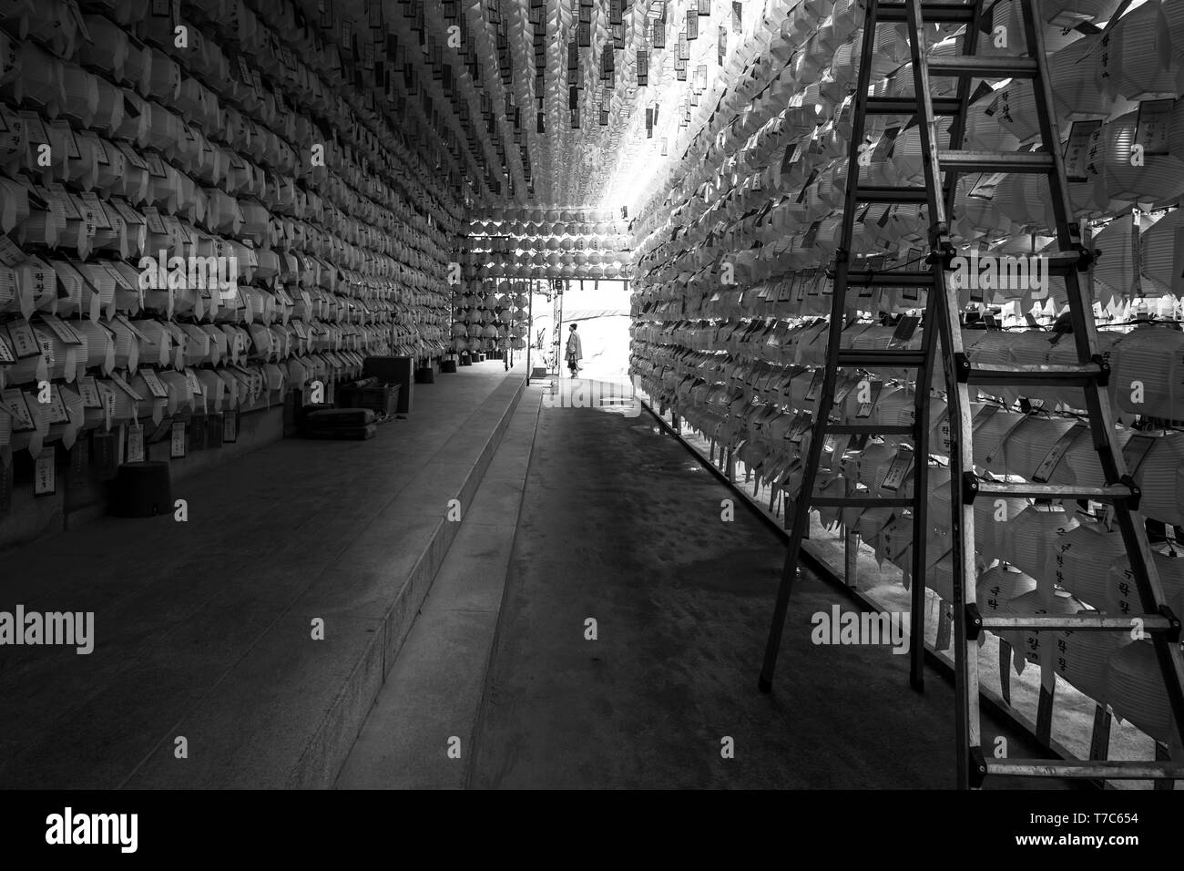 black and white view over the prayer lamps in the temple, Seoul,South Korea Stock Photo
