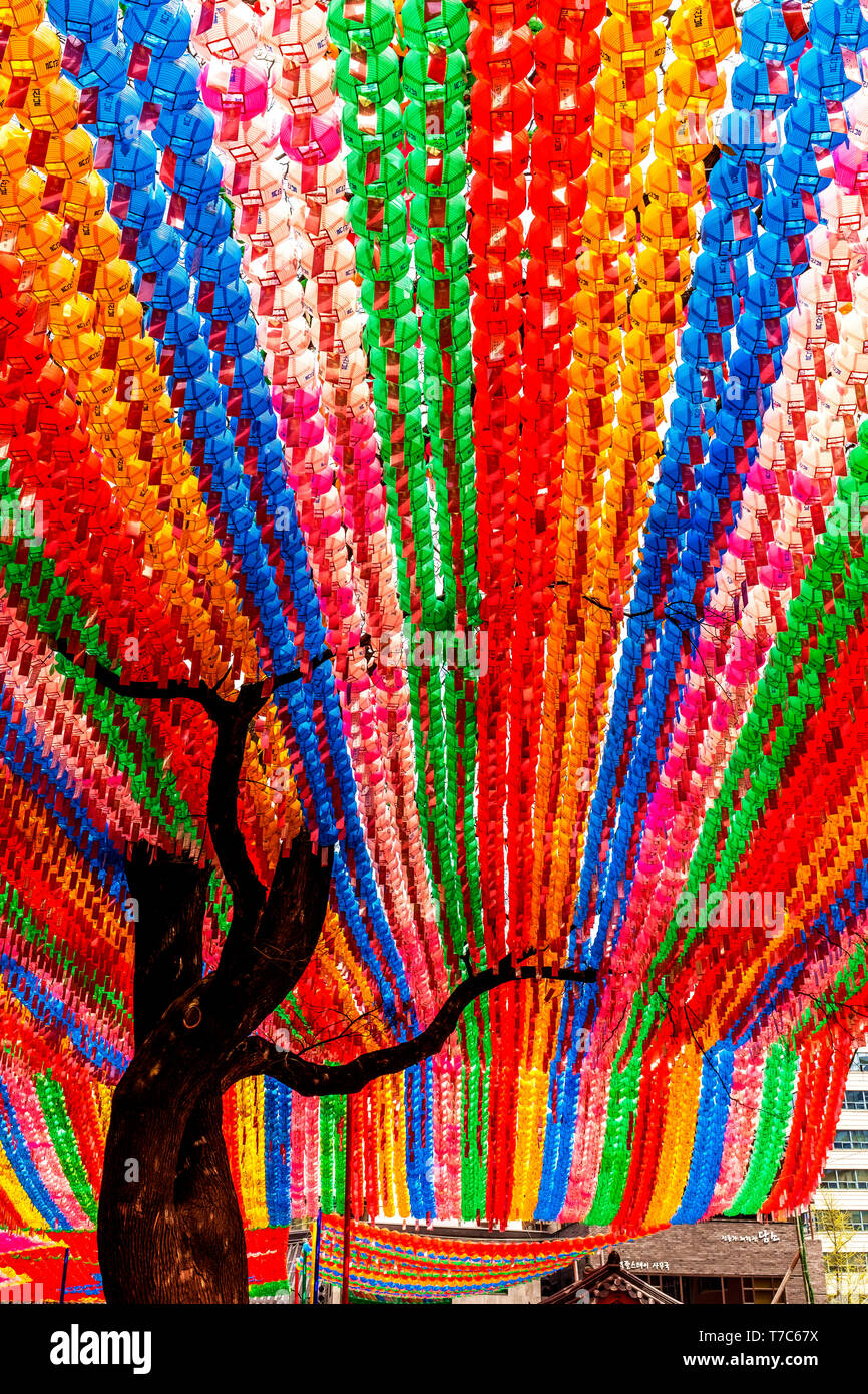 colourful prayer lamps in thr temple, Seoul,South Korea Stock Photo